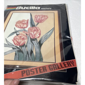 Vtg Bucilla Tulip Floral Kit Red and Pink 49814 Poster Gallery Embroidery 18x24